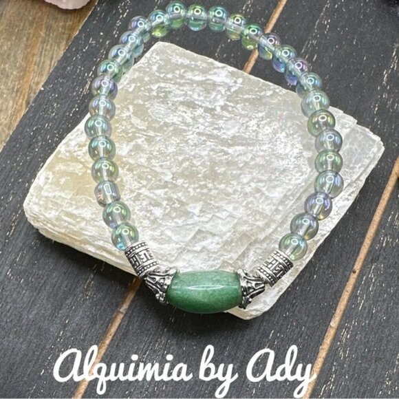 Chunky Colorful green Aventurine beaded bracelet with mystic aura quartz - Picture 1 of 4